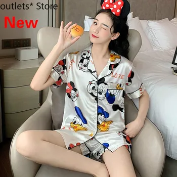

Pajamas Female Summer Short-sleeved Ice Silk Thin Simulation Silk Sexy Cute Cartoon Girl Large Size Home Suit