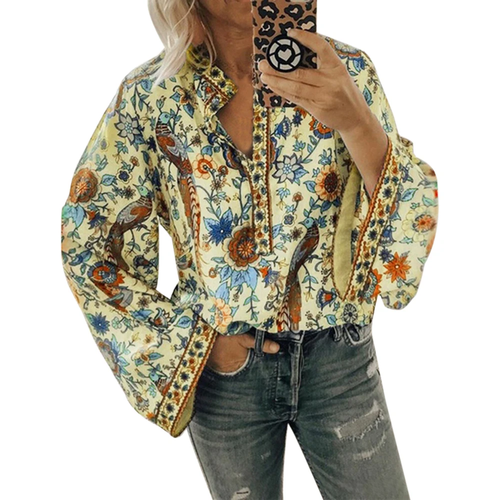 Laamei, Boho блузка с цветочным принтом, рубашка с рукавами-фонариками, сексуальные кружевные женские топы с круглым вырезом, весенне-летние шикарные блузки 5XL - Цвет: B