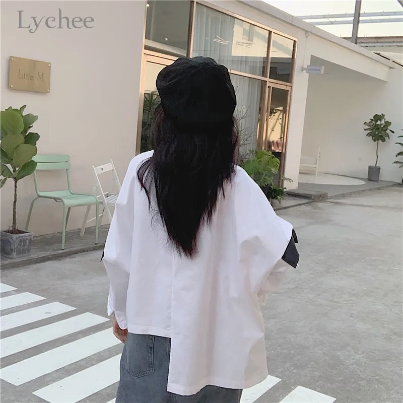 Lychee Harajuku с буквенным принтом, Лоскутная Женская рубашка, топ, повседневная, свободная, на пуговицах, с карманами, женские блузки, весна-осень, женские Рубашки, Топы