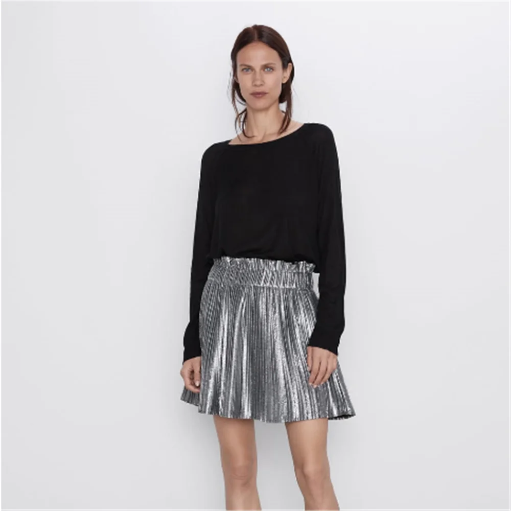 2020 ZA Spring New Women's Limited Edition Skirt Fashion Small Pleated Mini Boho Sexy Silver Party Gift | Женская одежда