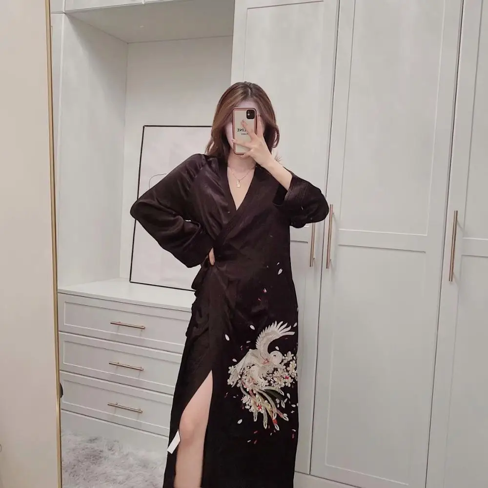 VUWWYV Za 2021 Black Contrast Phoenix Embroidery Dress Women Long Kimono Vintage Wrap Maxi Woman Dress Full Sleeve Belt Dresses