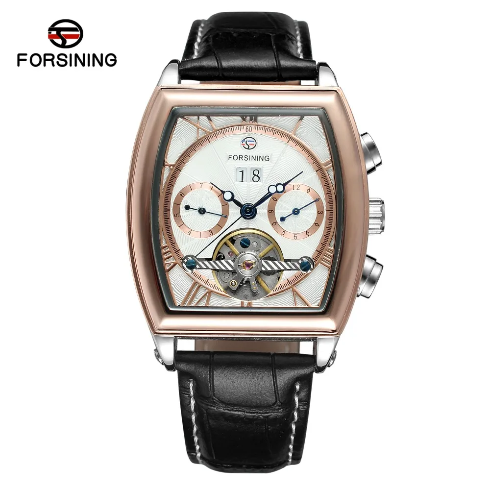 Forsining Tourbillion, черный ремешок, серебристый чехол, Модный повседневный дизайн, мужские часы, Лидирующий бренд, механические Автоматические наручные часы для мужчин - Цвет: GOLD WHITE