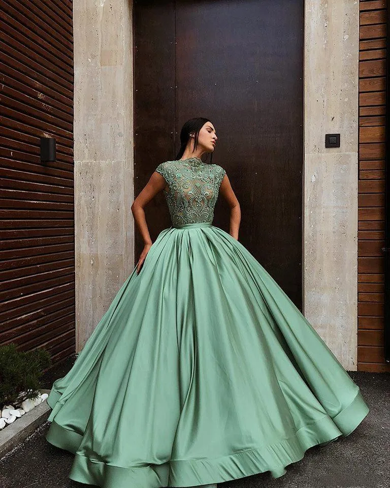 

Ball Gown Green Sheer Lace Prom Evening Dress Satin Appliqued High Neck Floor Length Back Zipper Formal Party Plus Size Pageant