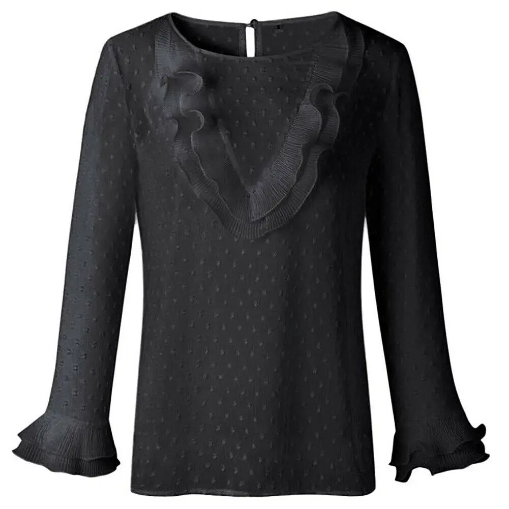 Vintage Women Chiffon Solid Color V-Neck Ruffle Trim Blouse Ladies Casual Long Sleeve Top Shirt Black Loose Female Blusas hot Vintage Women Chiffon Solid Color V-Neck Ruffle Trim Blouse Ladies Casual Long Sleeve Top Shirt Black Loose Female Blusas hot