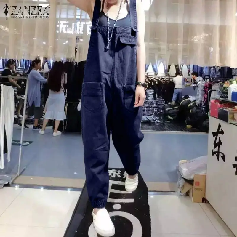 ZANZEA 2020 Women's Denim Blue Jumpsuits Vintage Sleeveless Suspender Overalls Casual Playsuits Female Rompers Solid Harem Pants