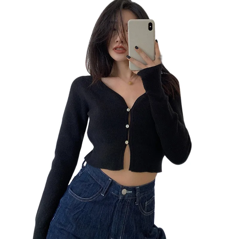 

2021 NEW Hot SellingWomen's V Neck Button Casual Sexy Navel Exposed Long-Sleeved Knitted Cardigan Tops Buckle Tops