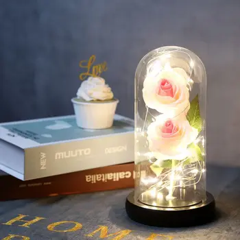 

Beauty And Beast Double Rose In Flask Led Rose Flower Light Black Base Glass Dome Best For Mother's Day Valentines Day Gift N06