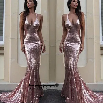 

Spaghetti Straps Sequins Evening Dresses Deep-V Mermaid Pink Islamic Dubai Saudi Arabic Long Elegant Evening Gown Prom Dress