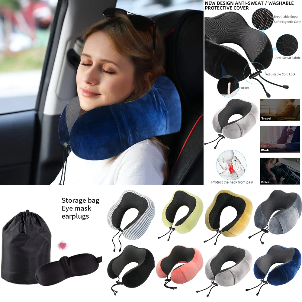 U-shaped Travel Pillow Memory Foam Neck Soft Slow Rebound Cervical Health Care Kit With 3D Eye Masks Earplugs Elegant Bag | Дом и сад