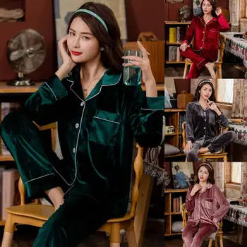 

New women's winter warm pajamas, coral velvet lapel buttoned cardigan jacket, elastic loose trousers, gold velvet home service 2