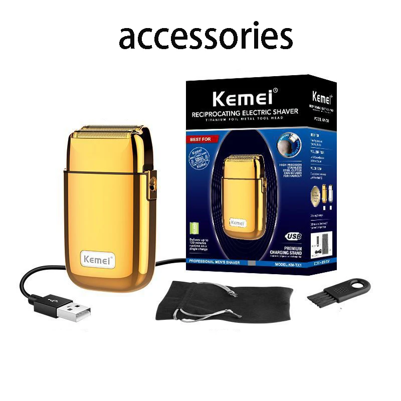 Electric Shaver Kemei Pro Barberology Metal Double Foil Shaver Titanium Super Close Razor Cordless Zero Retractable Trimmer for Finishing Gold