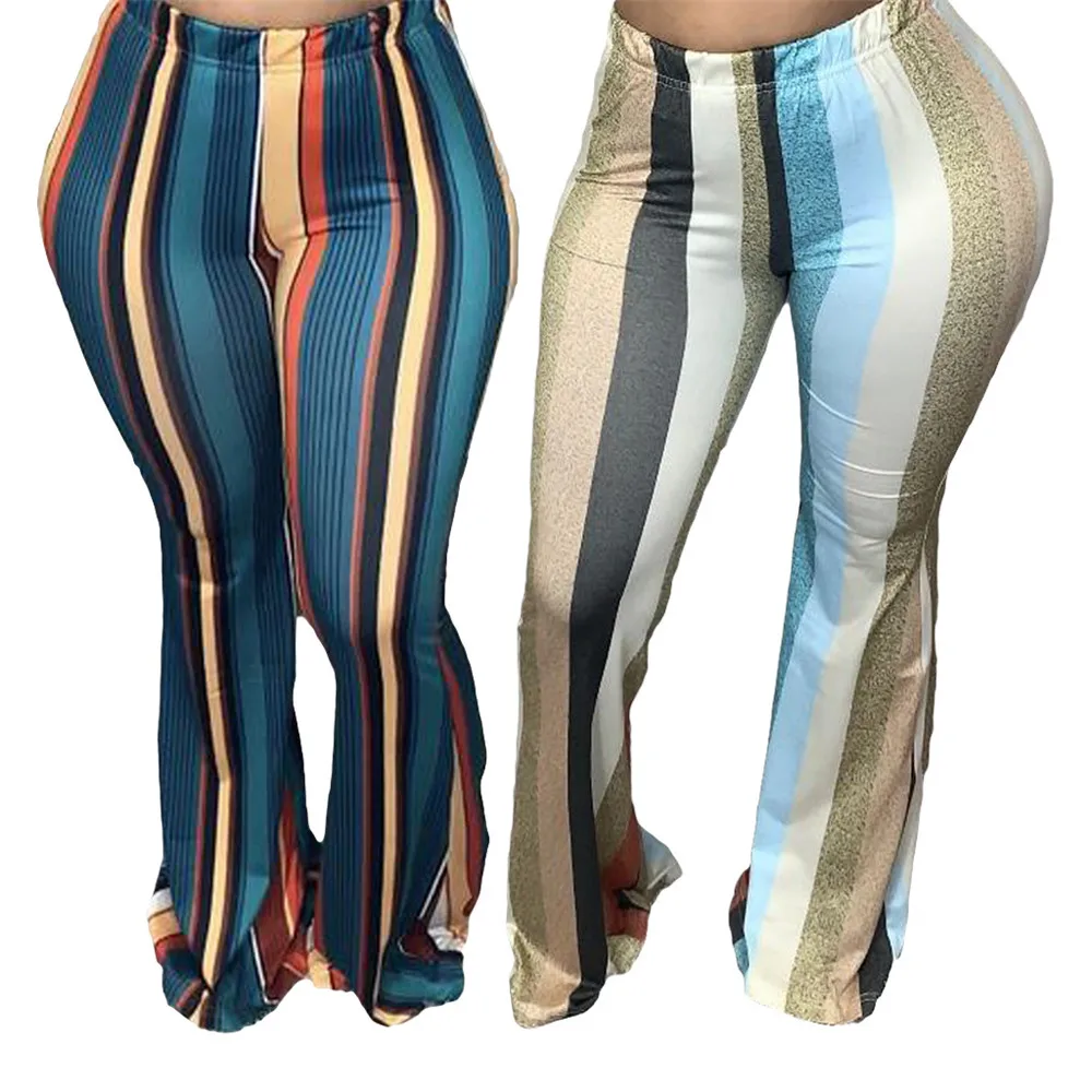 

Women Striped Pants Slim Drawstring High Waist Long Trousers Plus Size Casual Undefined Female Flare Pants