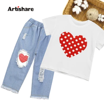 

Girls Summer Clothing Heat Pattern Girl Clothes Tshirt + Ripped Jeans Children Clothes Girl Casual Style Children's Clothes