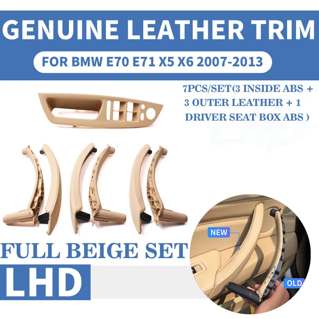 Бежевая натуральная кожа автомобиля Передняя Задняя/Левая Правая внутренняя дверная ручка внутренняя панель Потяните Накладка для BMW E70 E71 X5 X6 07-13 - Цвет: Leather Beige 7 Pcs