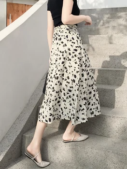 

Vintage Floral Print A-line Pleated Long Skirts Summer Women Korean Skirt Streetwear Drawstring Elastic Waist Midi Skirt