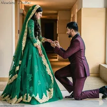 Очаровательные свадебные платья трапециевидной формы с длинным рукавом Новое поступление зеленое мусульманское платье невесты с вуалью