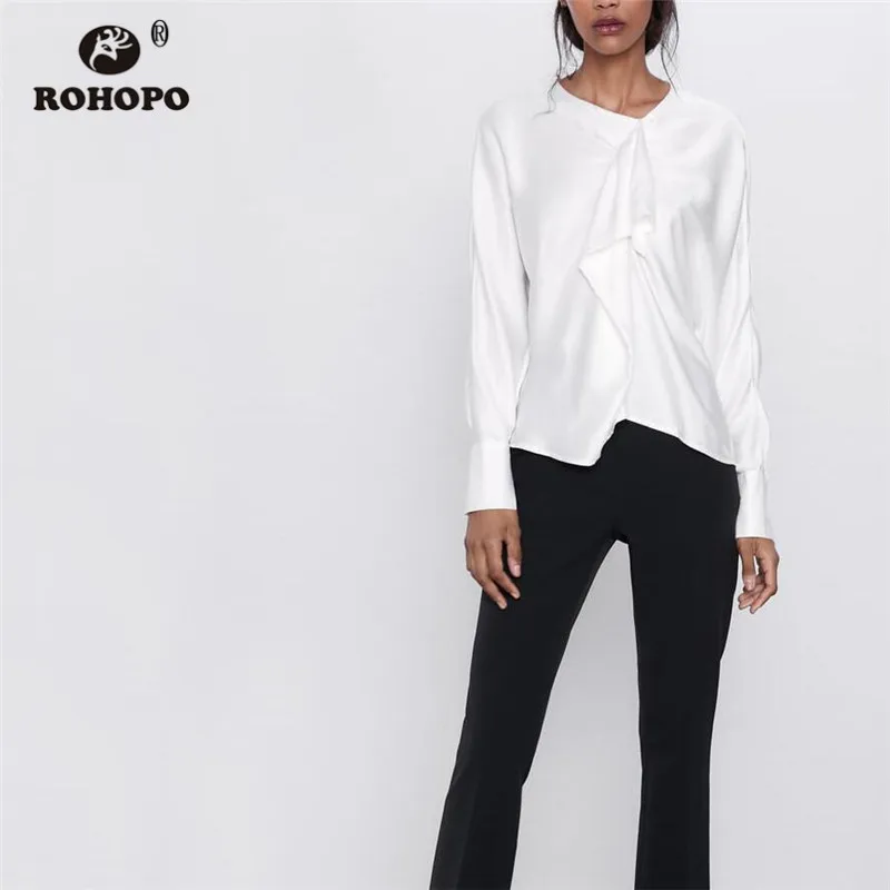 

ROHOPO Round Collar Long Sleeve Stain White Blouse Button Clouure Neck Front Ruffled Gradient Hem Solid Tops Shirt #9555