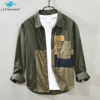 

Men Japan Style Top Quality Spring Autumn Fashion Long Sleeve Pockets Patchwork Tops Male Casual Chic Vintage Cotton Cargo Shirt