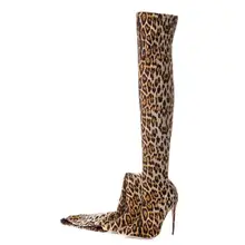 Американский размер 4,5-11; женские леопардовые ботфорты выше колена; облегающие сапоги для верховой езды; зимние сапоги на шпильке из эластичной ткани; V16