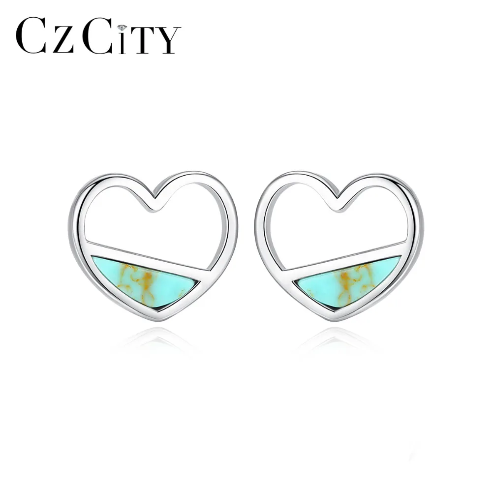 CZCITY реальные 925 пробы серебро бирюза серьги в виде сердца Для женщин ювелирные