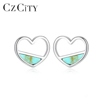 

CZCITY Real 925 Sterling Silver Turquoise Heart Stud Earrings for Women Fine Jewelry Brincos Joyeria Fina Para Love Gifts SE0407