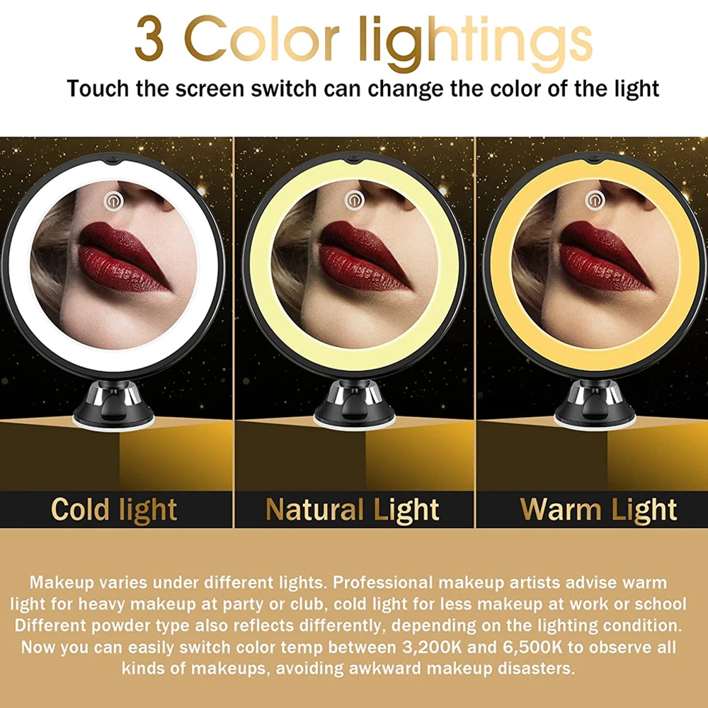 10X Magnifying Makeup Mirror With Led Light 360 Degree Rotating Cosmetic Vanity Makeup Mirror Suction Cup Bathroom Shower