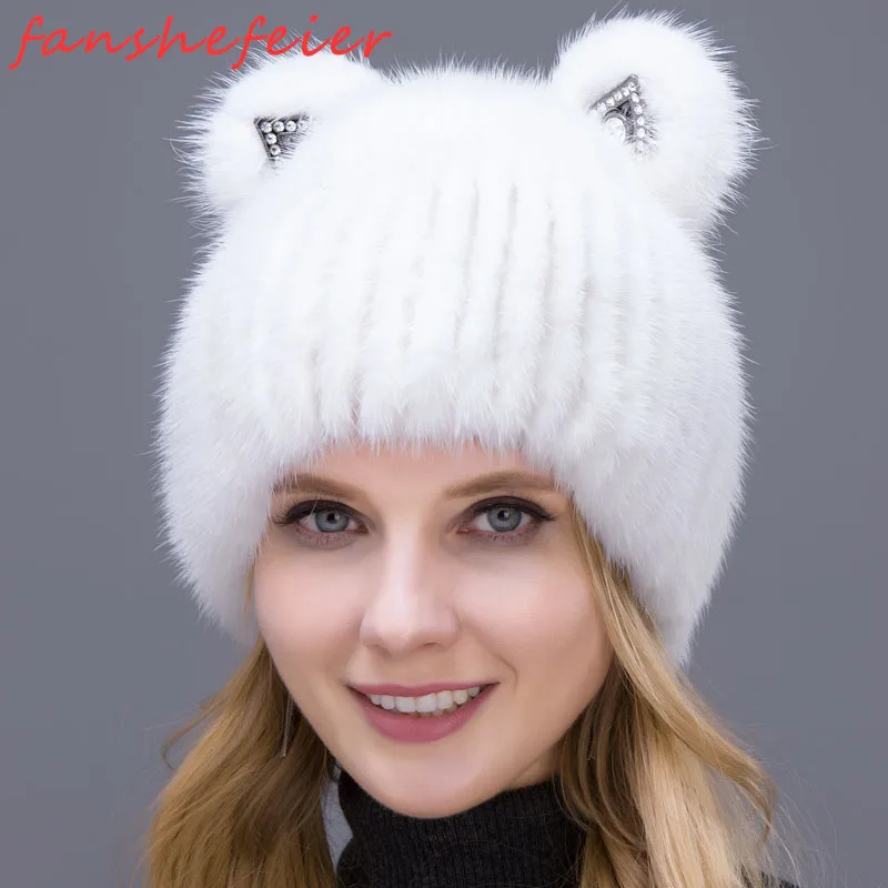 COLOR3 FANSHEFEIER новая норковая Кепка с кошачьими ушками для женщин и девочек теплая и милая привлекательная популярная шапка без лисьего меха вертикального плетения - Цвет: COLOR3