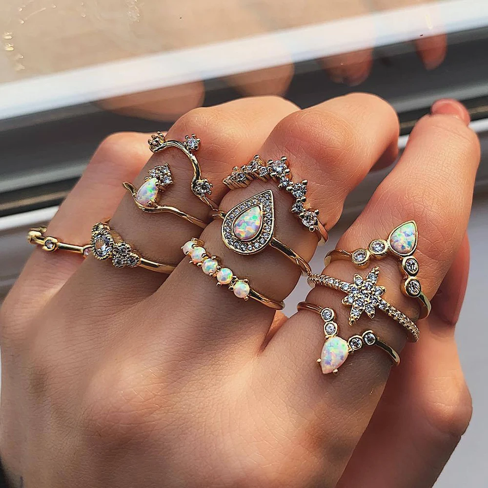 

10Pcs Retro Crown Opals Knuckle Finger Ring Set Bohemian Gold Star Gem Crystal Midi Rings Women Jewelry Accessories Gifts