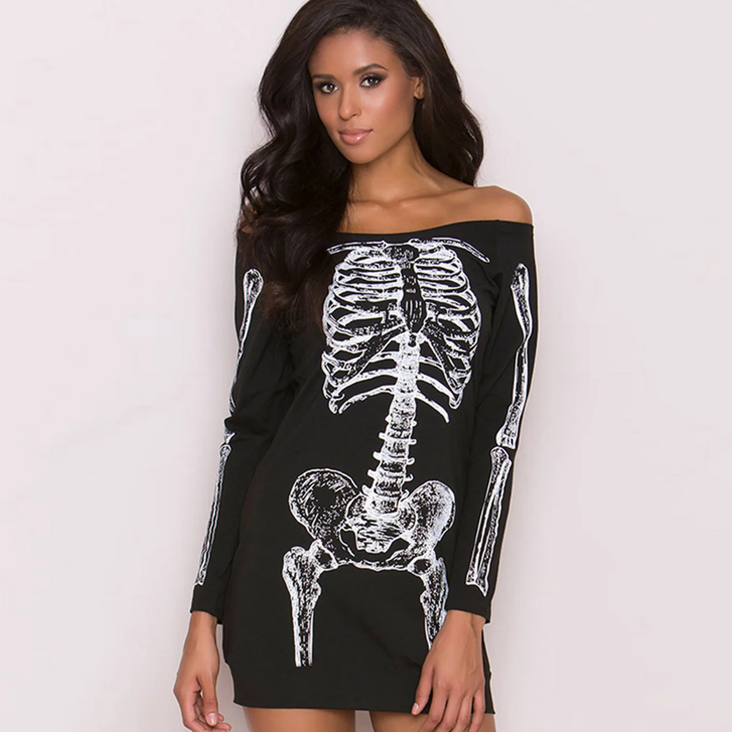 

Behogar Women Halloween Costume Skeleton Printed Long Sleeves Dress for Stage Show Fancy Dress Masquerade Cosplay Carnival Theme
