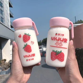 

Ins Style Sweetheart Strawberry Belly Glass Bottle with Lid Rope Cartoon Cute Milk Juice Cup Portable Water Cups for Kids Couple