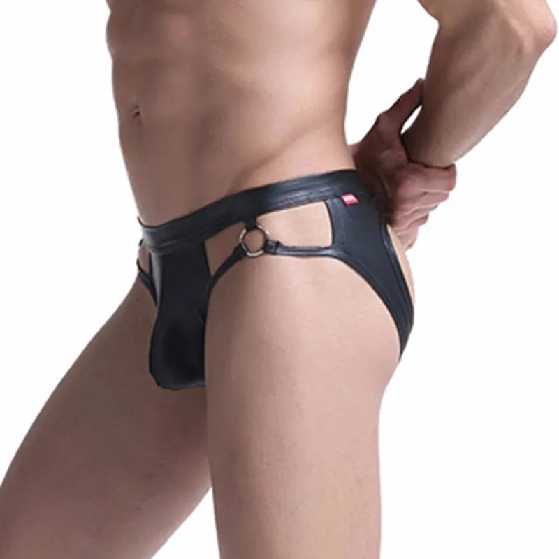 

PU Leather Sexy Underwear Mens Enhancing Bulge Pouch Jockstrap Briefs Homme Exotic Tight Porn Thong G-String Underwear Panties