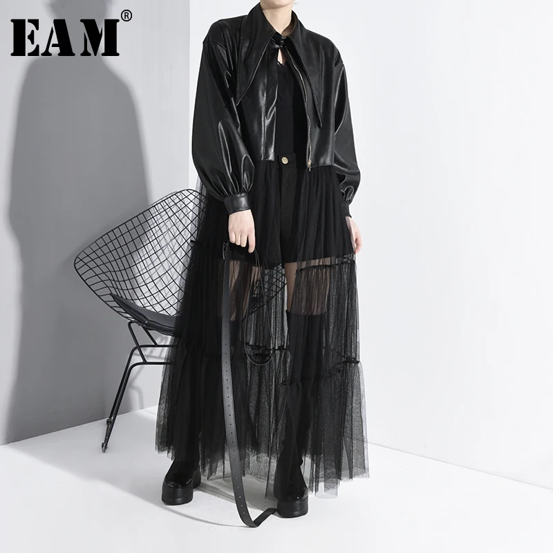 

[EAM] Loose Fit Black Mesh Pu Leather Split Big Size Jacket New Lapel Long Sleeve Women Coat Fashion Tide Spring 2020 1M00201