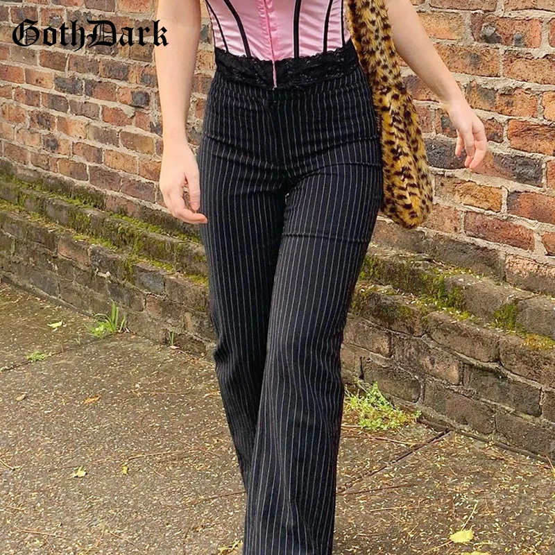 Goth Dark Y2k E-girl Striped Print Gothic Suit Pants Black Slim High Waist Zipper Front Trousers Women Autumn Fashion Streetwear womens clothing