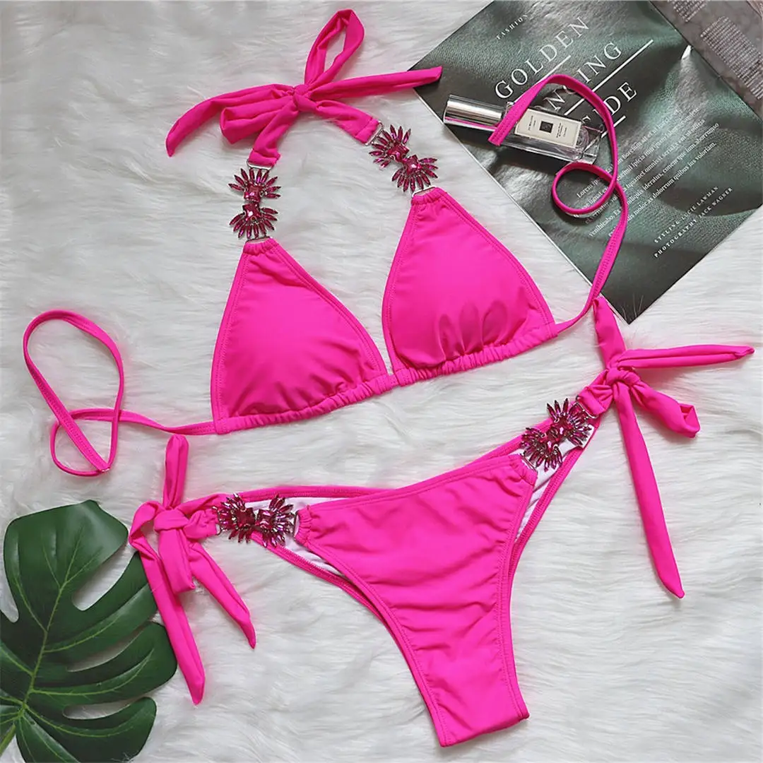 Sexy Shiny Jewel Halter Bikini Female Swimsuit Women Swimwear Two-piece Bikini set Luxury Diamond Bather Bathing Suit Swim V2451