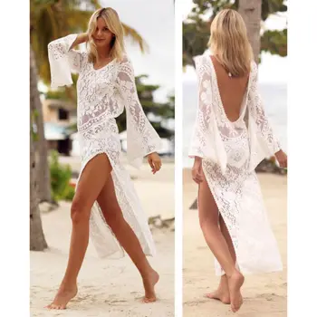 

WOMEN LADY LACE CROCHET BIKINI SWIM BEACHWEAR COVER UP White flower embroidery backless split DRESS SUMMER BATHING SUIT