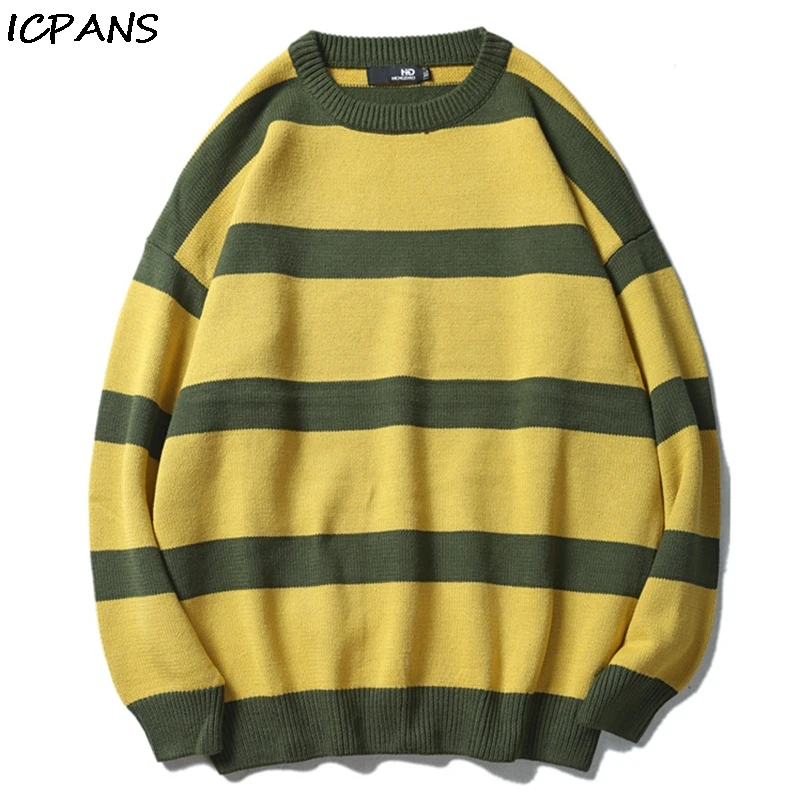 

ICPANS Men's O Neck Sweater Pullovers Harajuku Stripes Japanese Style Vintage Loose Sweater Pullover Red