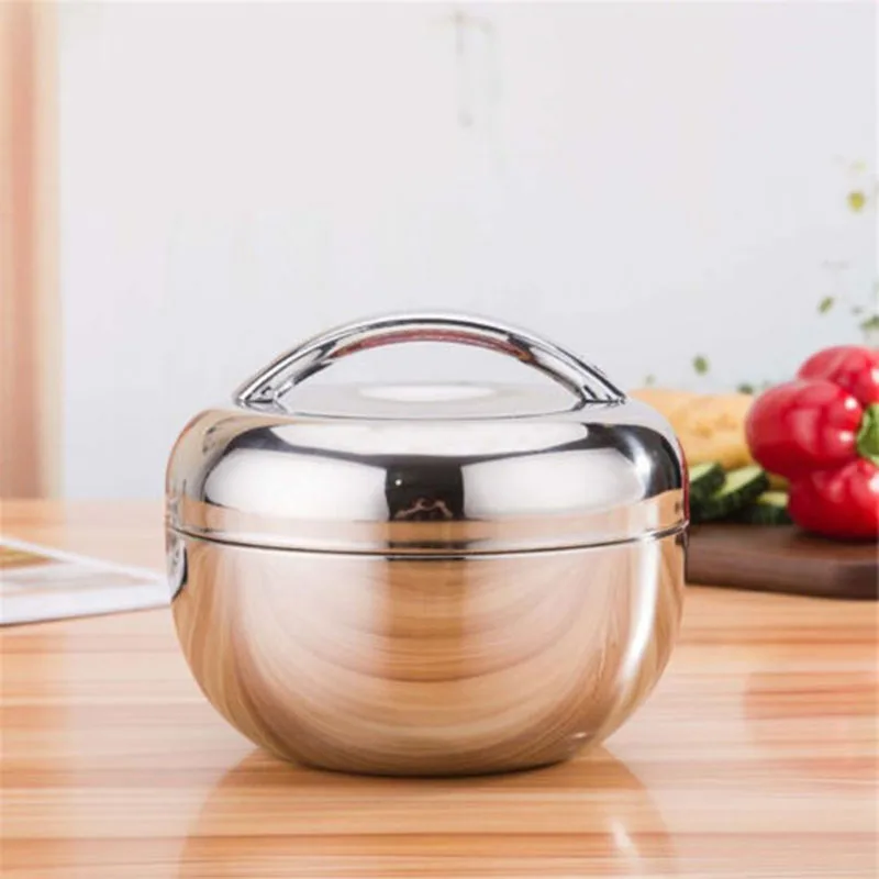 

Stainless Steel Dual Layer Round Bento Thermos Lunch Box Food Container Silver