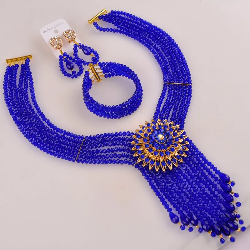 Королевский синий африканский бисер набор украшений для женщин нигерийские Свадебные колье, комплекты