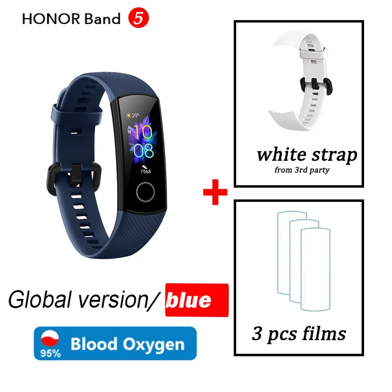 blue global white Кровяный кислород honor band 5 Смарт-браслет AMOLED Huawe honor умные часы пульсометр фитнес сон Плавание Спорт трекер - Цвет: blue global white