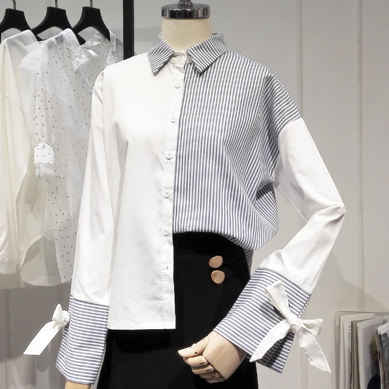 Designer Special Shirt Striped Color Block Blouse Long Sleeve Top Women Shirt Irregular Length Tie Chemise Femme Blusa Mujer