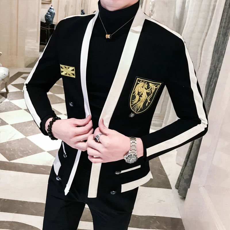 Black White Stripe Blazer With Gold Embroidery Slim Fit Stage Costumes For Singers Mens Wedding Prom chaqueta de vestir hombre