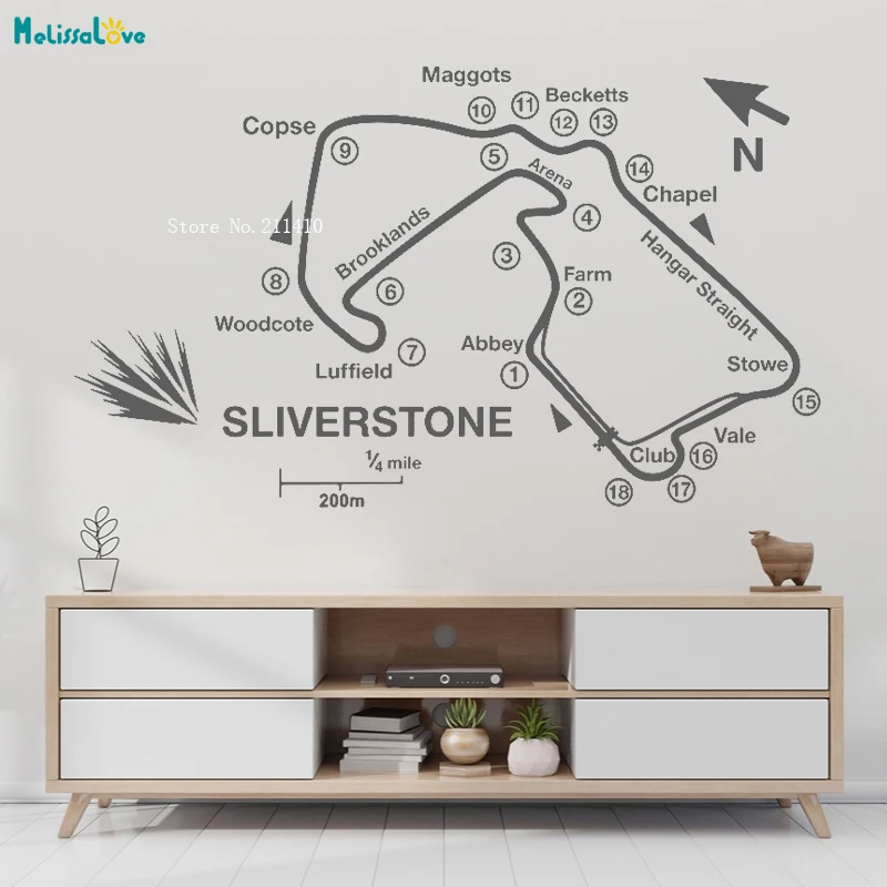Silverstone гоночная дорожка карта наиболее страстное событие Наклейка на стену игровая комната гоночный мотоцикл мальчик комната виниловый Декор YT2189