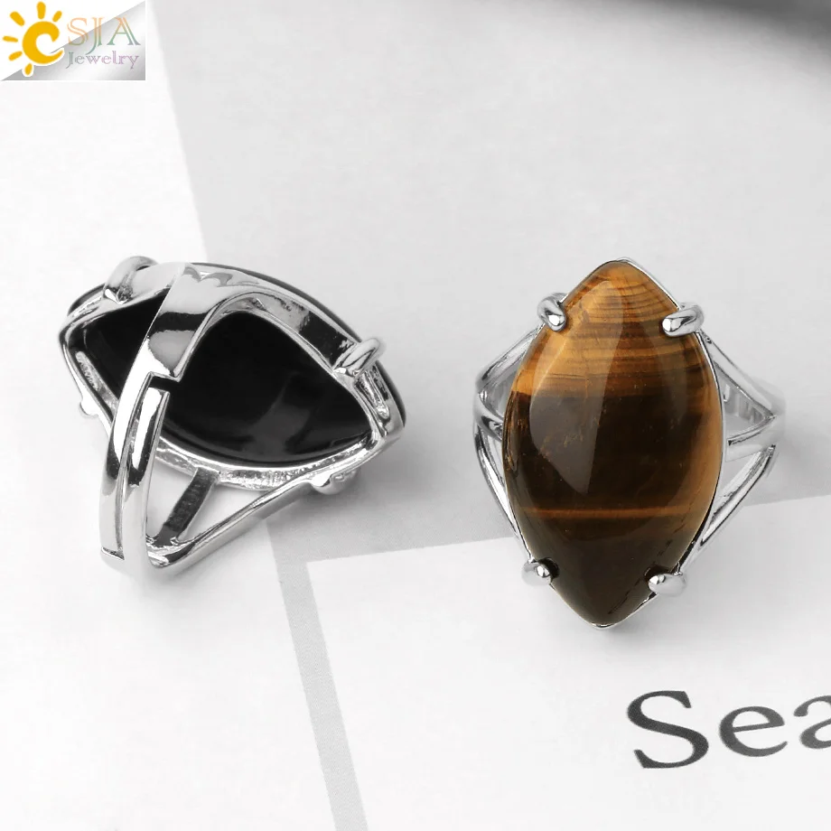 CSJA Natural Crystal Stone Rings for Women Healing Pink Quartz Lapis Horse Eye Shape Cabochon Fashion Finger Ring Resizable G574