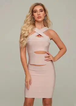 

Bandage Dress Elegant Hollow Out Pink Strap Night CLub Cocktail Party Dress Sexy Fashion Bodycon Dress
