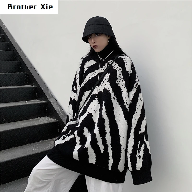

Winter Zebra Sweater Men's Warm Fashion Contrast Color Casual O-neck Sweater Pullover Man Streetwear Wild Loose Couple Sweater