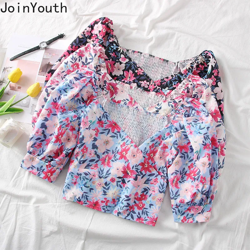 

Joinyouth Women Floral Short Blouse Korean V-neck Strapless Short Puff Sleeve Shirt 2020 Spring Summer Sweet Top Blusas 58223