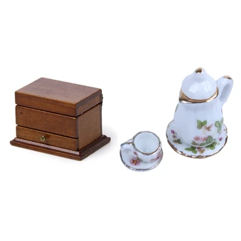 

2 Set 1/12 Dollhouse Miniature Accessories: 1 Set Jewelry Box & 1 Set Tea Set Green Flowers Pattern Dish Cup Plate