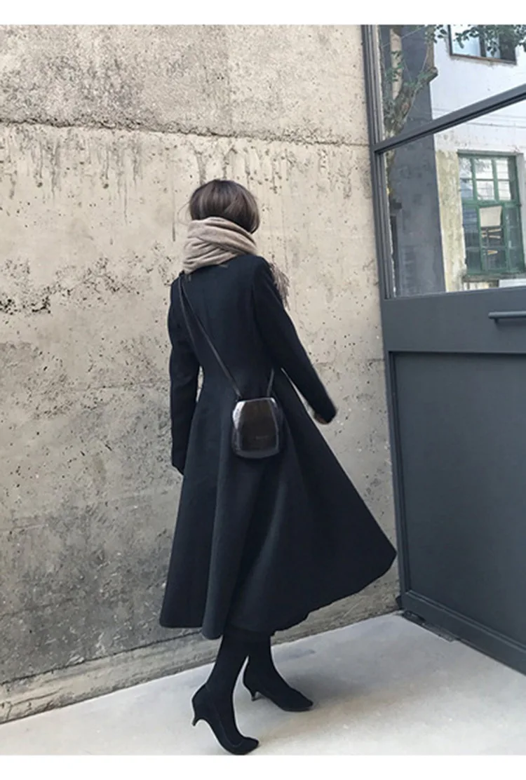 Черное шерстяное пальто выше колена для женщин, осень и зима, популярный стиль, Ретро стиль, для похудения, Хепберн, ветровая шерсть, Jac