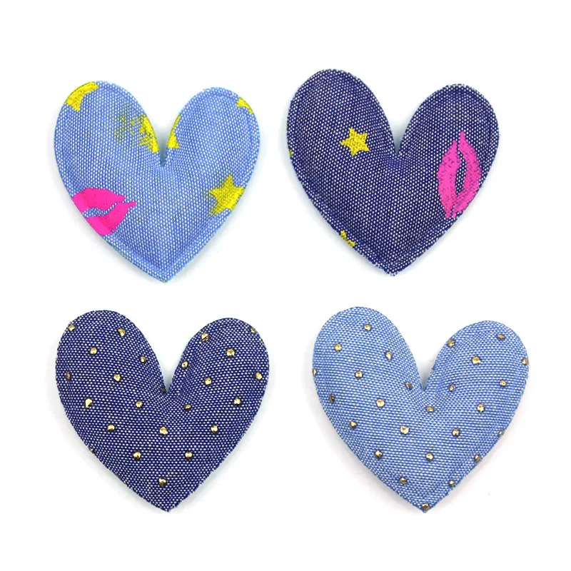 

40Pcs 4.5cm Denim KISS Heart Shape Patches Padded Appliques for DIY Children Headwear Accessories DIY Baby Ornament Decoration
