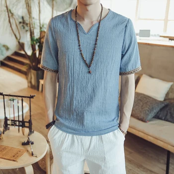 

Tang suit men's short-sleeved men's summer thin section youth Chinese style retro plate buckle cotton and linen T-shirt men